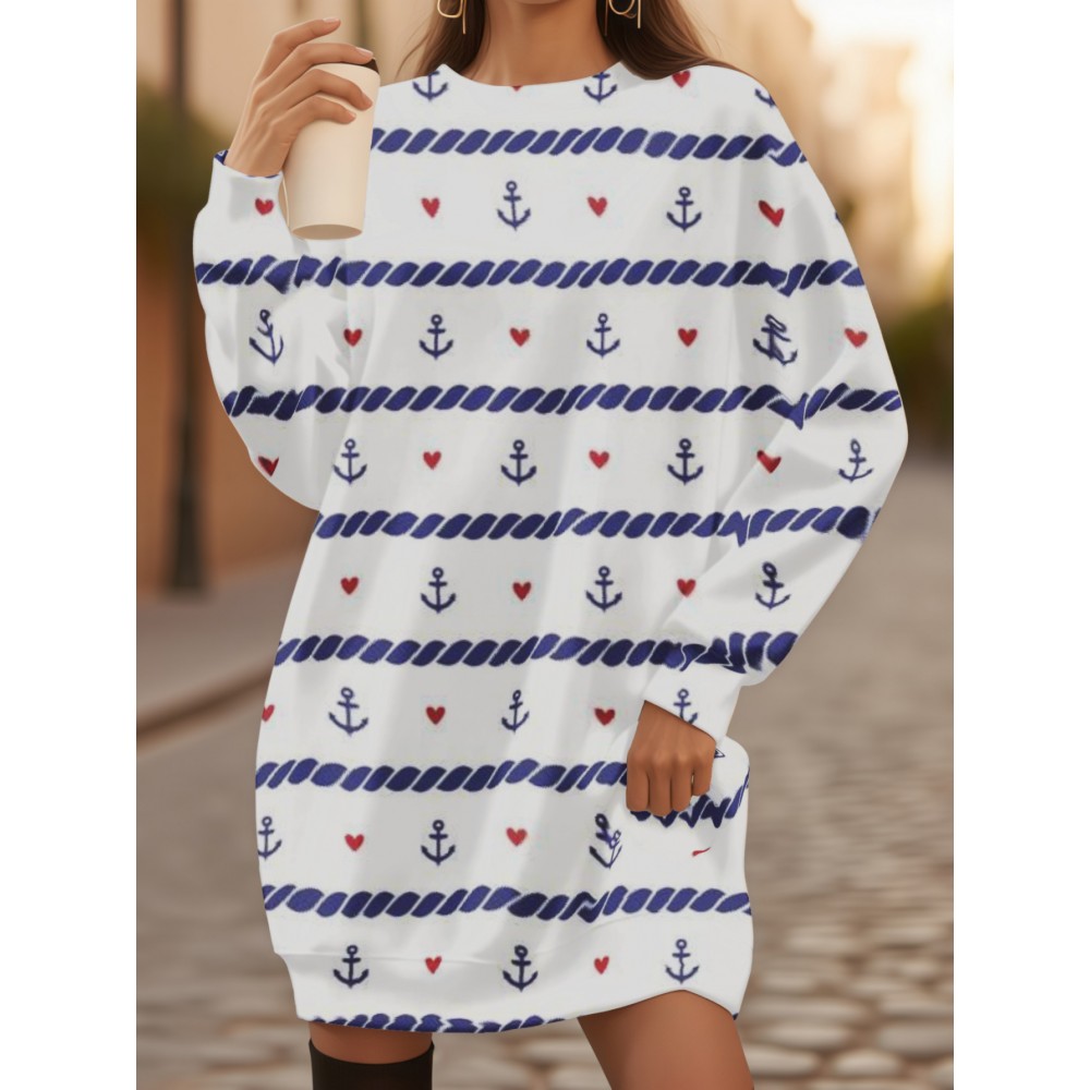 Plus-Size Women'S Nautical Anchor & Rope Print Sweatshirt - 3D All-Over Navy Blue & White Maritime Design, Soft Warm Winter Pullover, Cozy Crewneck Long Sleeve Sweater for Casual Outfits, Machine Washable, Regular Fit Home & Casual Attire