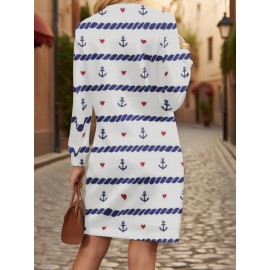 Plus-Size Women'S Nautical Anchor & Rope Print Sweatshirt - 3D All-Over Navy Blue & White Maritime Design, Soft Warm Winter Pullover, Cozy Crewneck Long Sleeve Sweater for Casual Outfits, Machine Washable, Regular Fit Home & Casual Attire