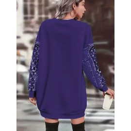 【imitation denim】[Denim Print/Imitation Denim] Women'S Plus Size Elegant Faux Denim Print Long Sleeve Dress - Light Purple with Floral Pattern, Round Neck, Medium Stretch, All-Over Print, Fall/Winter Casual to Semi-Formal Wear