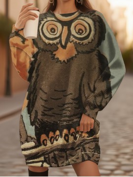 Women' Plus Size 3D Owl Print Sweater Dress - Oversized Loose Fit H-Line Silhouette, Owl Perched on Branches Full-Length Dress Suitable for Winter Parties, Christmas & for Halloween Costumes (Machine Washable)
