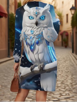 Casual Long Sweatshirt for Plus Size Women Featuring a Vibrant Magical Owl Design, Perfect for Winter. This Regular Fit Pullover Has Long Sleeves, Is Machine Washable, And Is Easy to Maintain with Its 3D Printed Fabric., long sweatshirt dress, Cozy