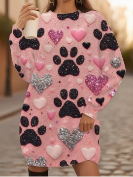 Women's Plus Size Pink & Black Glitter Paw Print Sweatshirt Dress - Long Sleeve All-Over Sparkling Pet Lover Sweater, Paw & Heart Collar, Machine Washable Winter Sweater Dress for Dog Owners, Valentine's Day Outfits