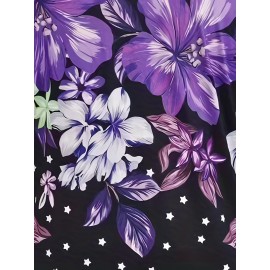 Women'S Plus Size Floral Print V-Neck Mini Dress - Casual Colorblock Design with Short Sleeves, Stretchy Polyester Blend, Perfect for Spring & Summer Outings, Floral Print Dress