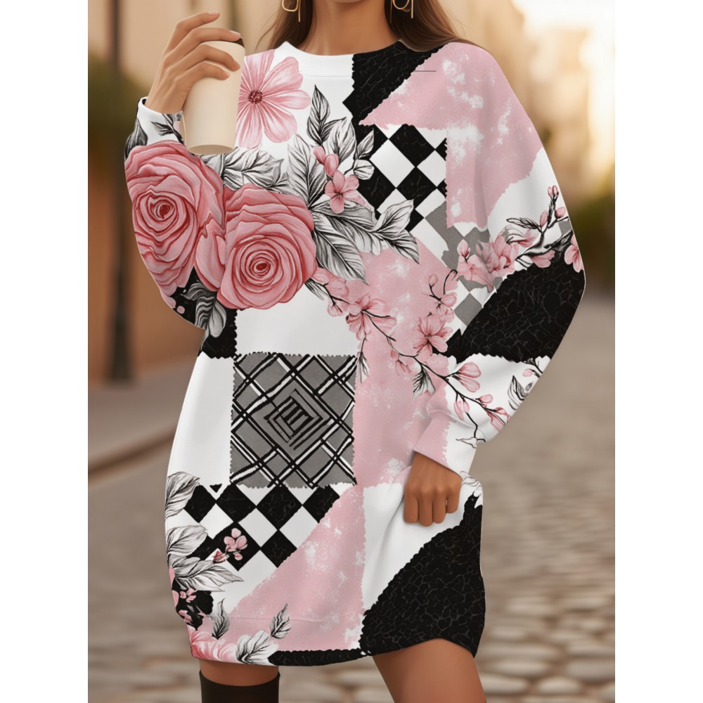 Women'S Plus Size Black & Pink Floral Print Sweater Dress - All-Season Machine Washable Long Sleeve Sweater with A-Line Silhouette, Soft Comfortable Pullover for Everyday & Formal Outfits, Casual to Semi-Formal Wear, Cozy Fall Winter Sweater Dress (