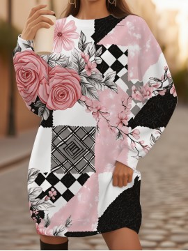 Women'S Plus Size Black & Pink Floral Print Sweater Dress - All-Season Machine Washable Long Sleeve Sweater with A-Line Silhouette, Soft Comfortable Pullover for Everyday & Formal Outfits, Casual to Semi-Formal Wear, Cozy Fall Winter Sweater Dress (