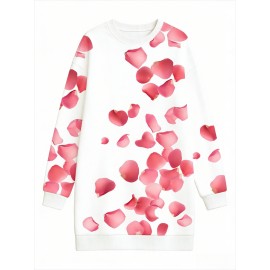 Plus Size Women'S Autumn Winter Hoodie Bodycon Dress | White Base with Pink Rose Petal Scattered Pattern, Sweet Romantic Style, Slim Fit, Long Sleeve, Pullover, Midi Length, Crew Neck, Casual Date Versatile Comfortable