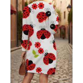 Women's Plus Size Long Sleeve Sweatshirt- Red Black Ladybug Floral Print Pullover, Regular Fit All-Season Sweater for Everyday& Formal Outfits, Machine Washable Casual Sweater for Women