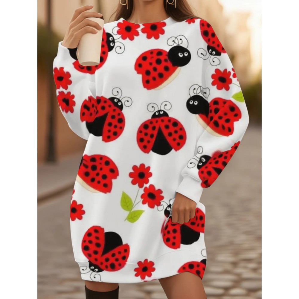 Women's Plus Size Long Sleeve Sweatshirt- Red Black Ladybug Floral Print Pullover, Regular Fit All-Season Sweater for Everyday& Formal Outfits, Machine Washable Casual Sweater for Women