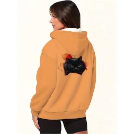 Women's Plus Size Oversized Hooded Zip-Up Jacket with 3D Black Cat Print - Soft Stretchy Full-Zip Coat, Brown with Black Cat Design, Cozy Hood & Front Zipper Closure, Machine Washable Casual Outerwear for Cat Lovers (Spring/Fall/Winter)