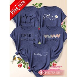 5pcs Plus Size Women's Short Sleeve T-Shirts - Funny & Cute Heart & Joyful Face Print Blouses, Casual Crew Neck Breathable Tops for Spring Summer Casual Attire, Office & Vacation Outfits - 1XL-5XL (5-Shirt) Year-Round Casual