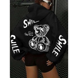 Women's Oversized Grey Bear Face & Joyful Face Full-Body Print Hooded Sweatshirt - Cute Bear Graphic Sweater, Relaxed H-Line Fit, Machine Washable Casual Streetwear for all-Season (Pullover Hoodie)