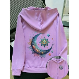 Women'S Light Pink Celestial Night Sky Hooded Jacket - Stretch All-Season Coat with Moon & Stars Back Print, Bohemian-Inspired Design, Machine Washable Casual Outerwear, Drawstring Hood & Long Sleeves for Everyday to Special Occasions (No Belt Requi
