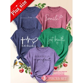 5pcs Plus Size Women'S Tops | Courage Heartbeat Just Breathe Pattern Print, Literary Style, Casual Versatile Round Neck, Comfortable Breathable, Oversized Loose Fit, 1XL-5XL Size