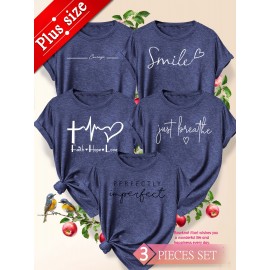 5pcs Plus Size Women'S Tops | Courage Heartbeat Just Breathe Pattern Print, Literary Style, Casual Versatile Round Neck, Comfortable Breathable, Oversized Loose Fit, 1XL-5XL Size