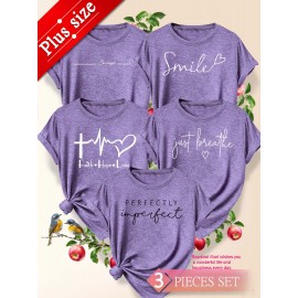 5pcs Plus Size Women'S Tops | Courage Heartbeat Just Breathe Pattern Print, Literary Style, Casual Versatile Round Neck, Comfortable Breathable, Oversized Loose Fit, 1XL-5XL Size