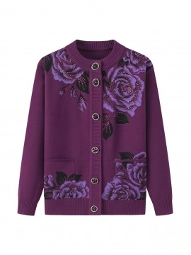 Middle-aged and Elderly Fleece Cardigan | Thick Jacket for Moms, Autumn and Winter Warm Elderly Clothing, Comfortable and Soft, Regular Length, Crew Neck, Button Details, Casual Style