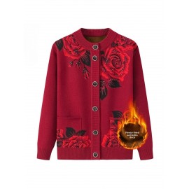 Middle-aged and Elderly Fleece Cardigan | Thick Jacket for Moms, Autumn and Winter Warm Elderly Clothing, Comfortable and Soft, Regular Length, Crew Neck, Button Details, Casual Style