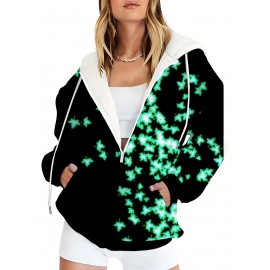 Plus Size Women'S Hooded Sweatshirt with Zipper | Solid Black with Fluorescent Maple Leaf Print, Soft Casual Long Sleeve Drawstring Jacket with Pockets - Women'S Fashion Sports Casual Wear