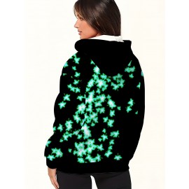 Plus Size Women'S Hooded Sweatshirt with Zipper | Solid Black with Fluorescent Maple Leaf Print, Soft Casual Long Sleeve Drawstring Jacket with Pockets - Women'S Fashion Sports Casual Wear