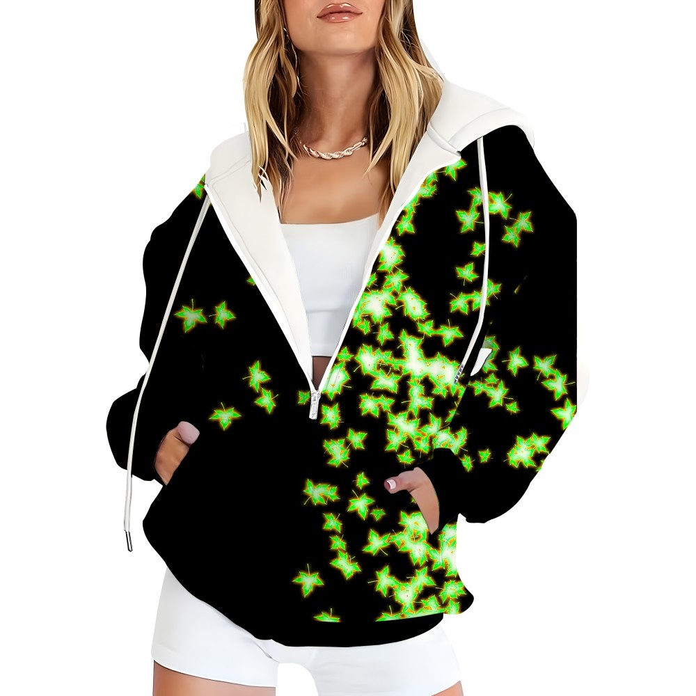 Plus Size Women'S Hooded Sweatshirt with Zipper | Solid Black with Fluorescent Maple Leaf Print, Soft Casual Long Sleeve Drawstring Jacket with Pockets - Women'S Fashion Sports Casual Wear