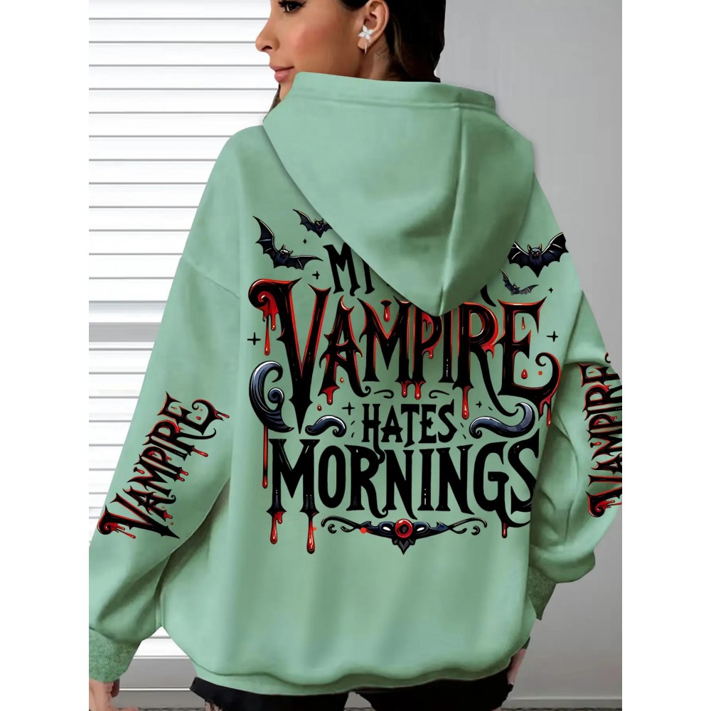 {Holiday Special- Halloween} Plus Size Comfortable Bat Letter Halloween Print Hoodie- Soft Casual Long Sleeve, Comfortable Women's Plus Size Daily Wear Clothing