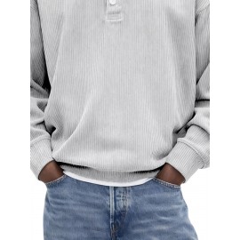 Men's Corduroy Henley Shirt| Soft Texture Classic Cut Fitted Style| Year-Round Casual Fashion Ribbed Pullover Long Sleeve Shirt for Business Trip and Networking Event Occasions| Structured Wear