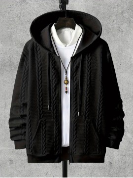 Men's Brown Hooded Jacket - Casual Zip-Up Winter Coat with Pockets, All-Season Polyester Outerwear, Golden-Tone Corduroy-Like Pocket Accent & Hooded Collar, Hand Wash/Dry Clean - Versatile for Smart-Casual & Formal Wear