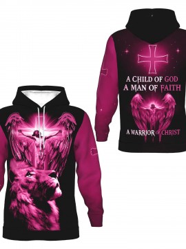 Men's Christian 3D Full-Body Print Hoodie - Pink Lion & Angel Wings with Cross Back Design, A Child of God Warrior of Christ, All-Day Comfort Round Neck Pullover, Machine Washable Winter Warmth for Church, Casual & Outdoor Faith Apparel