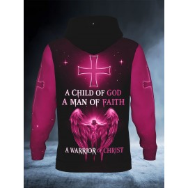 Men's Christian 3D Full-Body Print Hoodie - Pink Lion & Angel Wings with Cross Back Design, A Child of God Warrior of Christ, All-Day Comfort Round Neck Pullover, Machine Washable Winter Warmth for Church, Casual & Outdoor Faith Apparel