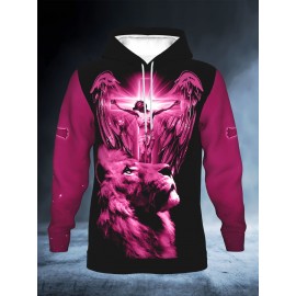 Men's Christian 3D Full-Body Print Hoodie - Pink Lion & Angel Wings with Cross Back Design, A Child of God Warrior of Christ, All-Day Comfort Round Neck Pullover, Machine Washable Winter Warmth for Church, Casual & Outdoor Faith Apparel