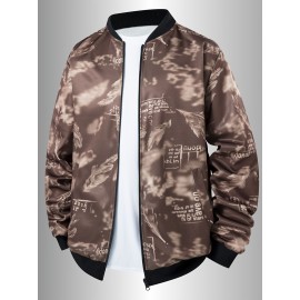 Men's Spring/Summer Baseball Collar Jacket, Lock Edge Lightweight Jacket, Knitted Polyester Braid Micro Elastic Feather Printed Jacket, Lightweight Fashion Casual Jacket, College Style Jacket