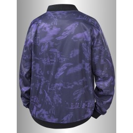Men's Spring/Summer Baseball Collar Jacket, Lock Edge Lightweight Jacket, Knitted Polyester Braid Micro Elastic Feather Printed Jacket, Lightweight Fashion Casual Jacket, College Style Jacket