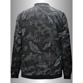 Men's Spring/Summer Baseball Collar Jacket, Lock Edge Lightweight Jacket, Knitted Polyester Braid Micro Elastic Feather Printed Jacket, Lightweight Fashion Casual Jacket, College Style Jacket