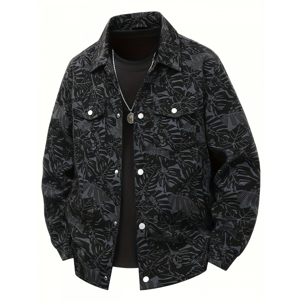[Tropical Corduroy Jacket] Corduroy Men's Casual Jacket with Tropical Leaf Pattern | Multi-Pocket, Button-Up, All-Season Wear, Everyday Outerwear