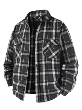 Autumn-Winter Men's Fashion Flannel Shirt with Turn- Collar and Button Plaid Shirt Jacket, Long Sleeve Warm with Pockets, Suitable for Casual Outings