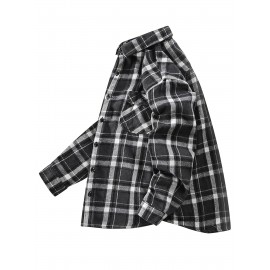 Autumn-Winter Men's Fashion Flannel Shirt with Turn- Collar and Button Plaid Shirt Jacket, Long Sleeve Warm with Pockets, Suitable for Casual Outings