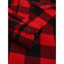 Trendy Men's Plaid Hooded Jacket - Thick Warm, Windproof & Cold-Resistant, Slim Fit, Vintage Style, Black & Red Geometric Pattern, Single-Breasted Button Front, Long Sleeve, Casual & Versatile for Winter Outings, Casual Winter Wear
