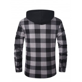 Trendy Men's Plaid Hooded Jacket - Thick Warm, Windproof & Cold-Resistant, Slim Fit, Vintage Style, Black & Red Geometric Pattern, Single-Breasted Button Front, Long Sleeve, Casual & Versatile for Winter Outings, Casual Winter Wear
