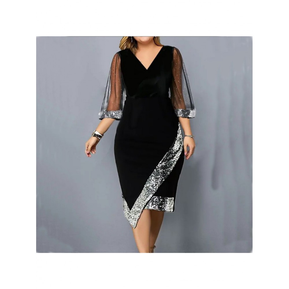 Elegant Velvet Sequined Mesh Dress for Women | Large-Sized, Irregular Pattern, See-Through Design, Perfect for Parties and Weekend Casual