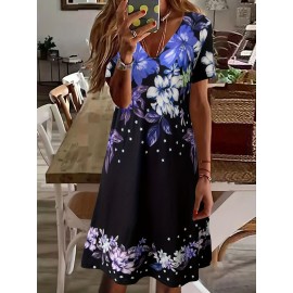 Women'S Plus Size Floral Print V-Neck Mini Dress - Casual Colorblock Design with Short Sleeves, Stretchy Polyester Blend, Perfect for Spring & Summer Outings, Floral Print Dress