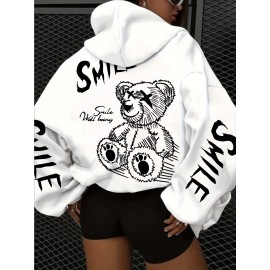 Women's Oversized Grey Bear Face & Joyful Face Full-Body Print Hooded Sweatshirt - Cute Bear Graphic Sweater, Relaxed H-Line Fit, Machine Washable Casual Streetwear for all-Season (Pullover Hoodie)