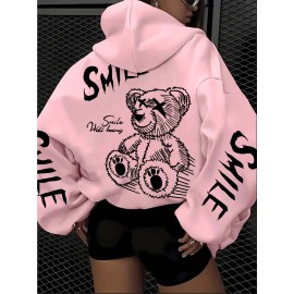 Women's Oversized Grey Bear Face & Joyful Face Full-Body Print Hooded Sweatshirt - Cute Bear Graphic Sweater, Relaxed H-Line Fit, Machine Washable Casual Streetwear for all-Season (Pullover Hoodie)