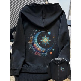Women'S Light Pink Celestial Night Sky Hooded Jacket - Stretch All-Season Coat with Moon & Stars Back Print, Bohemian-Inspired Design, Machine Washable Casual Outerwear, Drawstring Hood & Long Sleeves for Everyday to Special Occasions (No Belt Requi