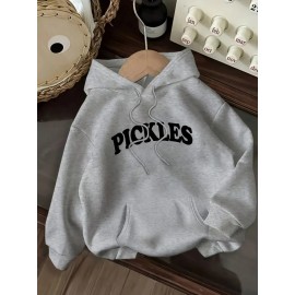 Women's Pink Oversized Hoodie with Pickle Print & Cucumber Dill Pickles Lettering - Cute Casual Sweatshirt, Kangaroo Pocket, Drawstring Hood, All-Season Loose Fit (Machine Washable) - Pickles-Themed Outfit
