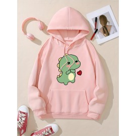 Women'S Cute Green Dinosaur & Heart Print Hoodie - Soft Long Sleeve Sweatshirt with Drawstring Hood, Cozy Casual Pullover for Autumn Winter, Cute Dinosaur Pocket Design, Regular Fit Casual Attire (Pastel Colors Available)
