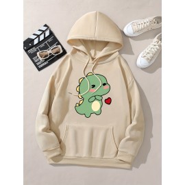 Women'S Cute Green Dinosaur & Heart Print Hoodie - Soft Long Sleeve Sweatshirt with Drawstring Hood, Cozy Casual Pullover for Autumn Winter, Cute Dinosaur Pocket Design, Regular Fit Casual Attire (Pastel Colors Available)