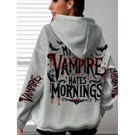 {Holiday Special- Halloween} Plus Size Comfortable Bat Letter Halloween Print Hoodie- Soft Casual Long Sleeve, Comfortable Women's Plus Size Daily Wear Clothing