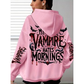 {Holiday Special- Halloween} Plus Size Comfortable Bat Letter Halloween Print Hoodie- Soft Casual Long Sleeve, Comfortable Women's Plus Size Daily Wear Clothing