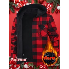Trendy Men's Plaid Hooded Jacket - Thick Warm, Windproof & Cold-Resistant, Slim Fit, Vintage Style, Black & Red Geometric Pattern, Single-Breasted Button Front, Long Sleeve, Casual & Versatile for Winter Outings, Casual Winter Wear