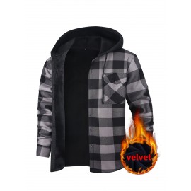 Trendy Men's Plaid Hooded Jacket - Thick Warm, Windproof & Cold-Resistant, Slim Fit, Vintage Style, Black & Red Geometric Pattern, Single-Breasted Button Front, Long Sleeve, Casual & Versatile for Winter Outings, Casual Winter Wear